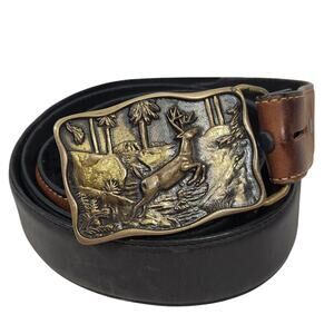VTG 1978 DEER FOREST ART SOLID BRASS BTS BELT BUCKLE USA HUNTING OUTDOOR WOODS